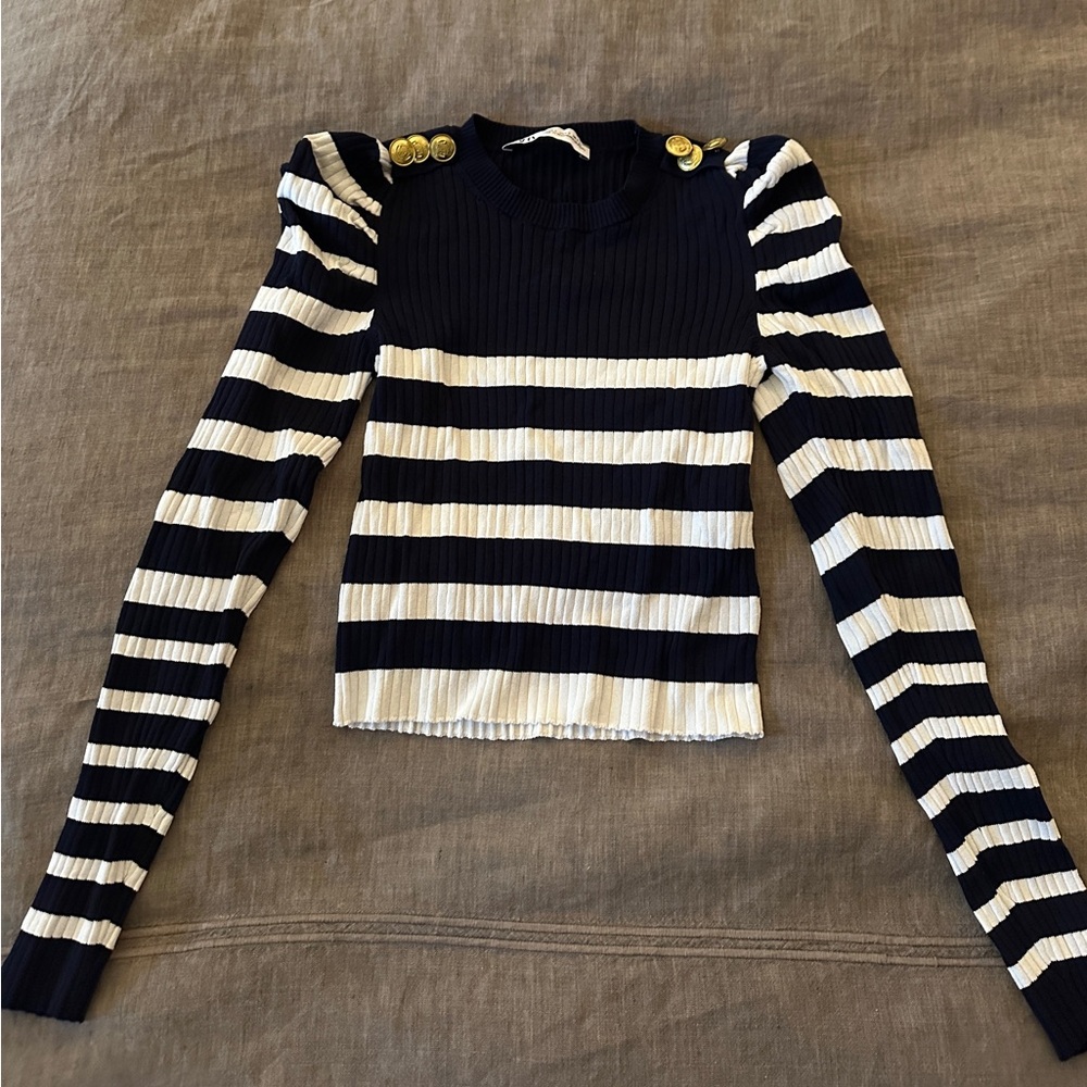 Zara Navy and White Striped Blouse with Gold Buttons